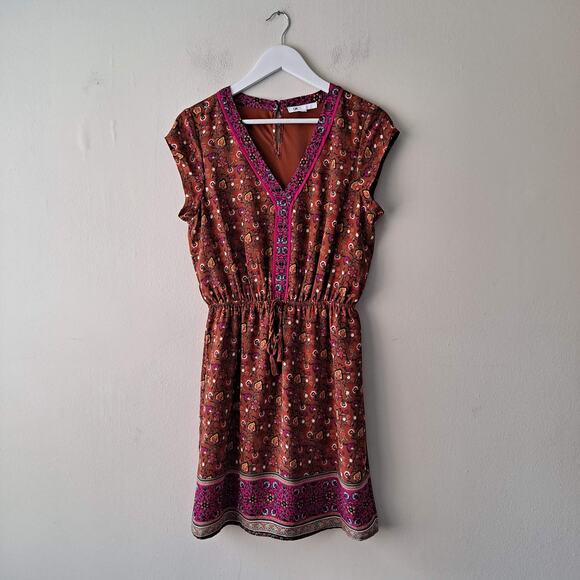 DR2 Dark Cinnamon Vneck Cap Sleeve Elastic Waist Border Print Floral Dress - S - Picture 5 of 13